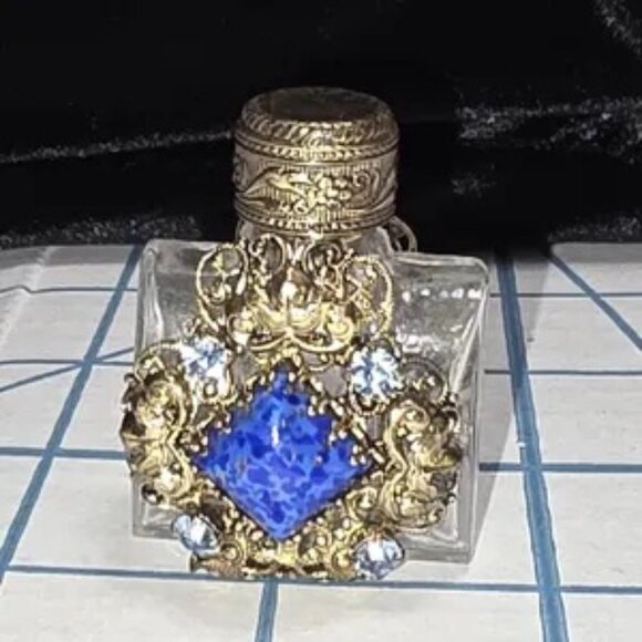 Czech Mini Perfume Glass Bottles w/Filigree Metal, Turquoise Stone Art Deco NWOT - Picture 1 of 5